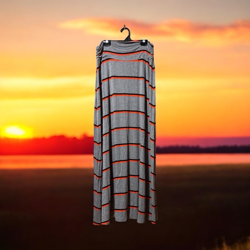 Merona Heather Grey Stretchy Maxi Skirt with Coral-Orange & Black Stripes